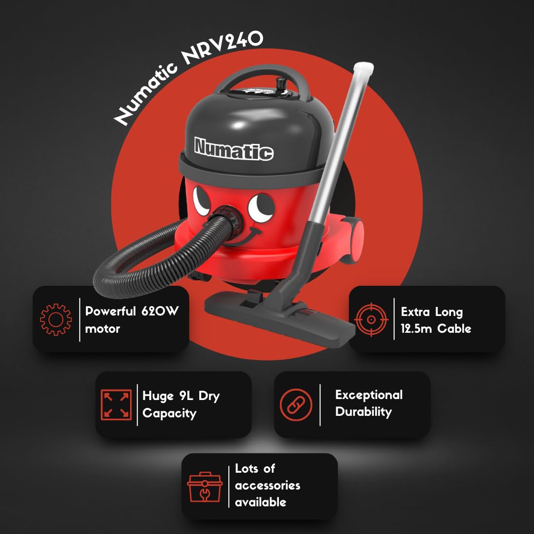 Numatic NRV240-11 Henry Commercial Vacuum Cleaner – 620W, 9L Capacity, Red