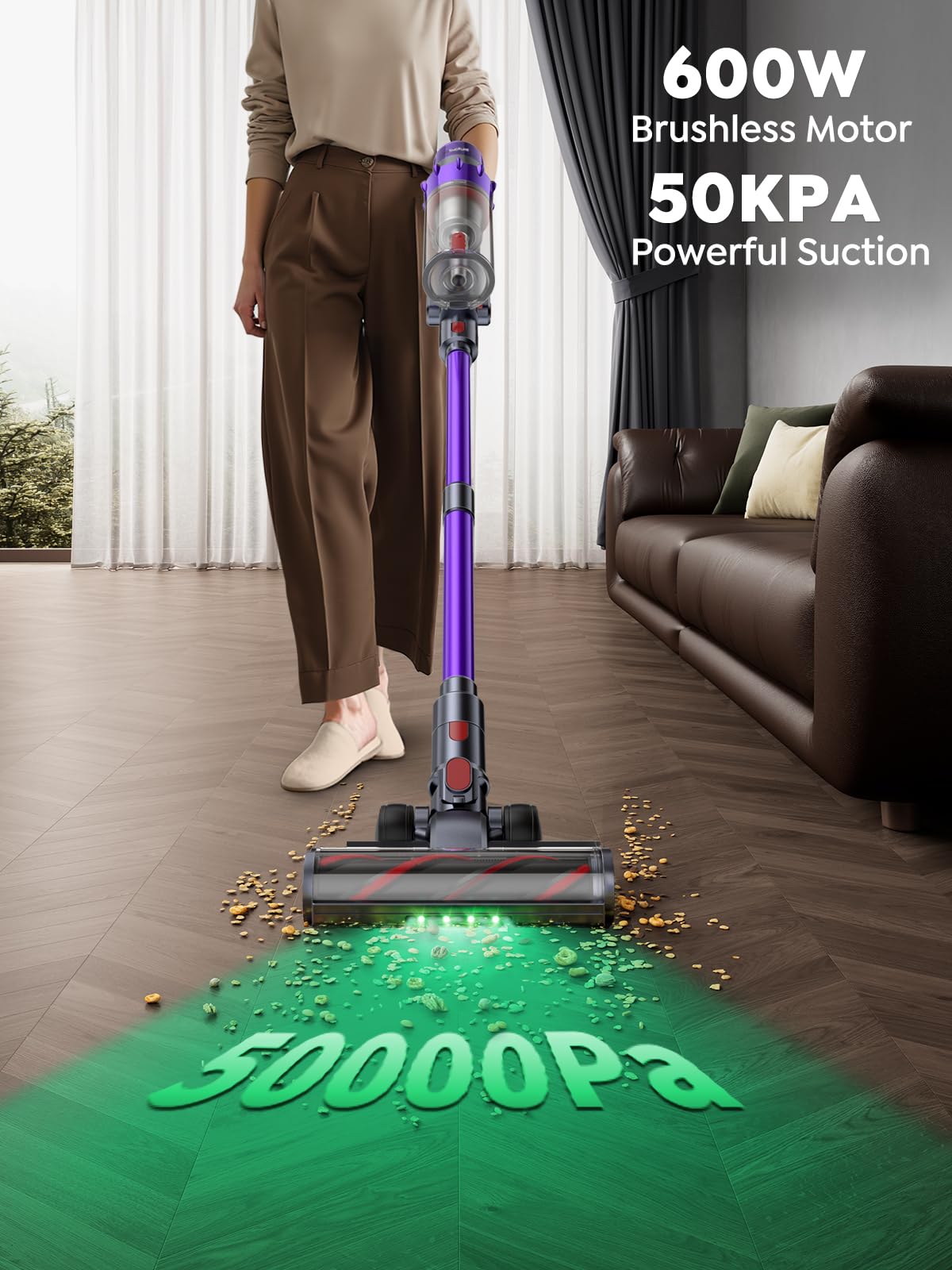 SMOTURE V2 Cordless Stick Vacuum – 600W, 50KPa, 65-Min Runtime, Touchscreen