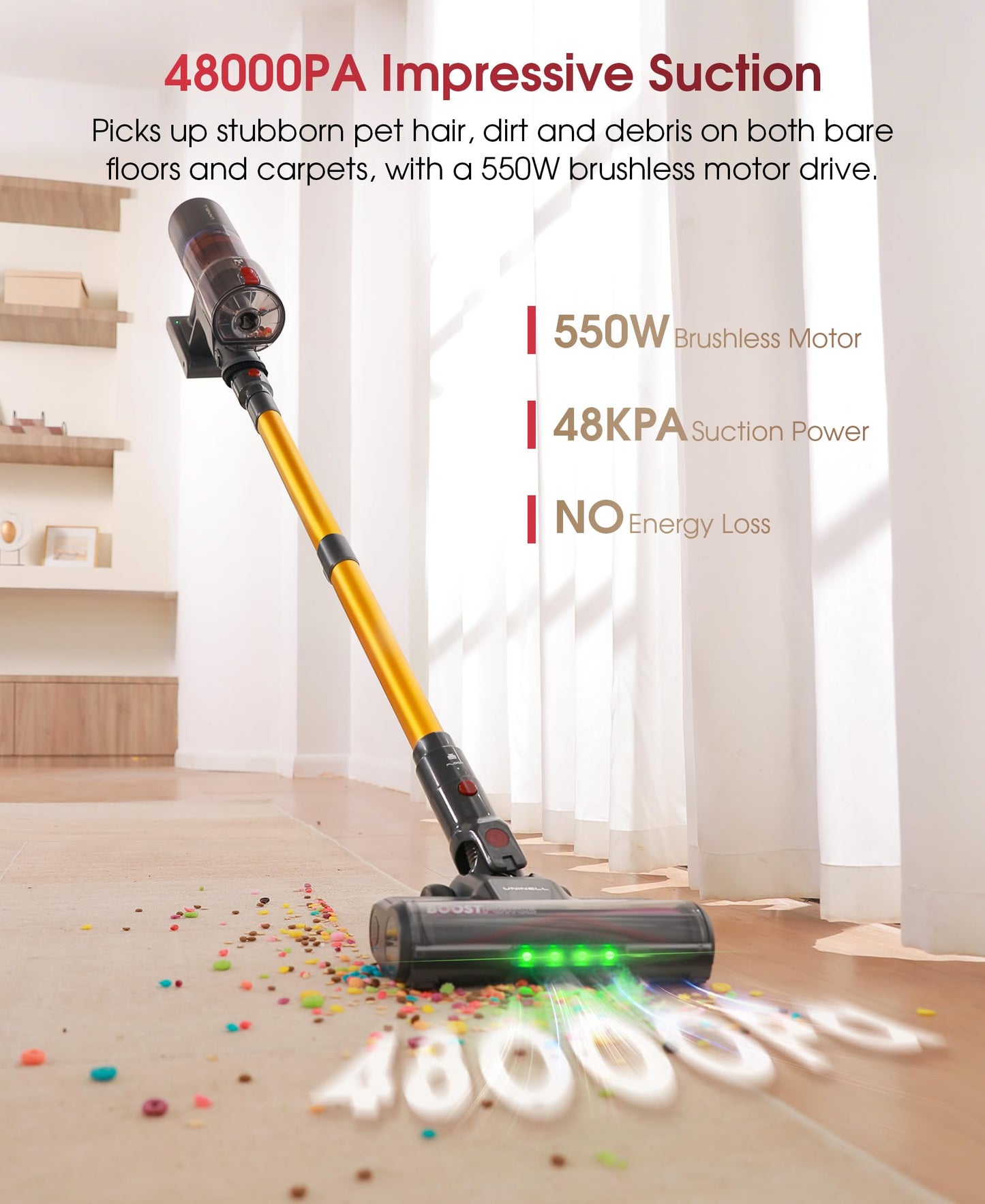 UNINELL UV5 Cordless Stick Vacuum Cleaner – 550W, 48KPA, 65-Min Runtime, Gold