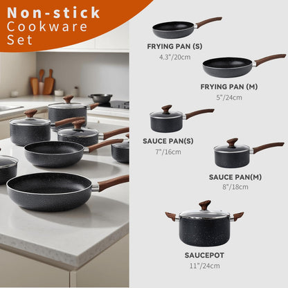 8-Piece Non-Stick Cookware Set – Induction Compatible Pots & Pans with Glass Lids and Marble Grey Wood-Style Handles