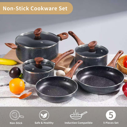 8-Piece Non-Stick Cookware Set – Induction Compatible Pots & Pans with Glass Lids and Marble Grey Wood-Style Handles