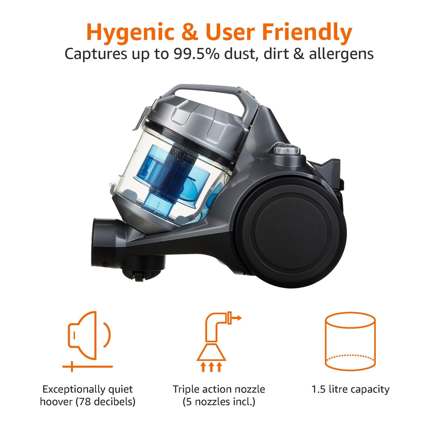 Compact Bagless Cylinder Vacuum Cleaner with HEPA Filter – 700W, 1.5L, Lightweight & Quiet, Black