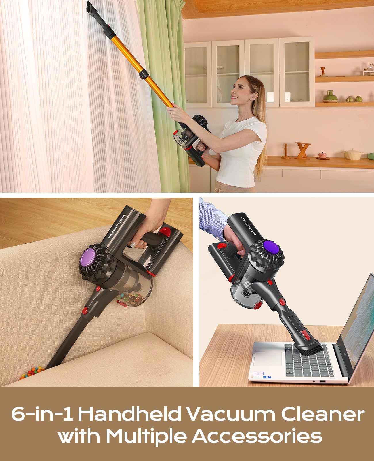 VACTechPro V15 Cordless Stick Vacuum Cleaner – 6-in-1, 35KPA Suction, Gold