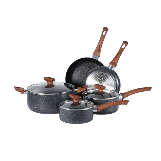 8-Piece Non-Stick Cookware Set – Induction Compatible Pots & Pans with Glass Lids and Marble Grey Wood-Style Handles