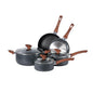 8-Piece Non-Stick Cookware Set – Induction Compatible Pots & Pans with Glass Lids and Marble Grey Wood-Style Handles