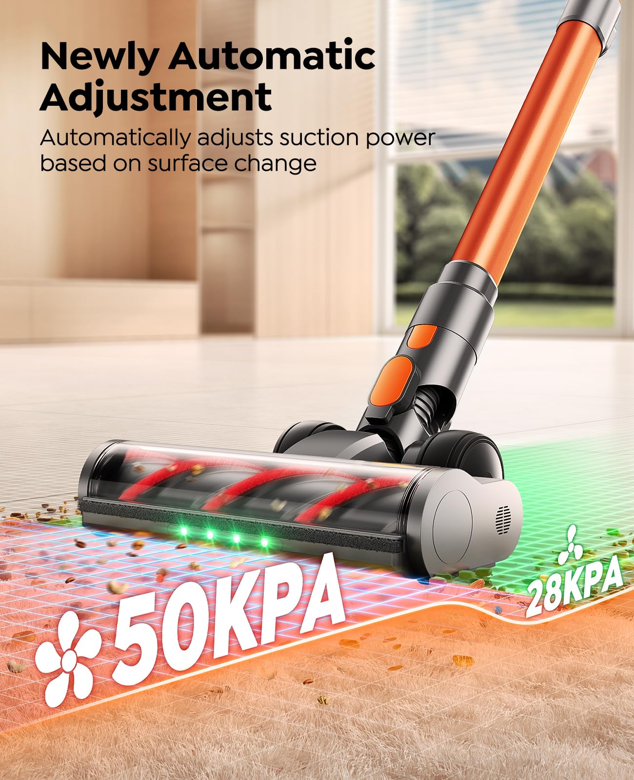Fieety V9 Cordless Stick Vacuum Cleaner – 50KPA, 600W, 65-Min Runtime, Touchscreen, Anti-Tangle