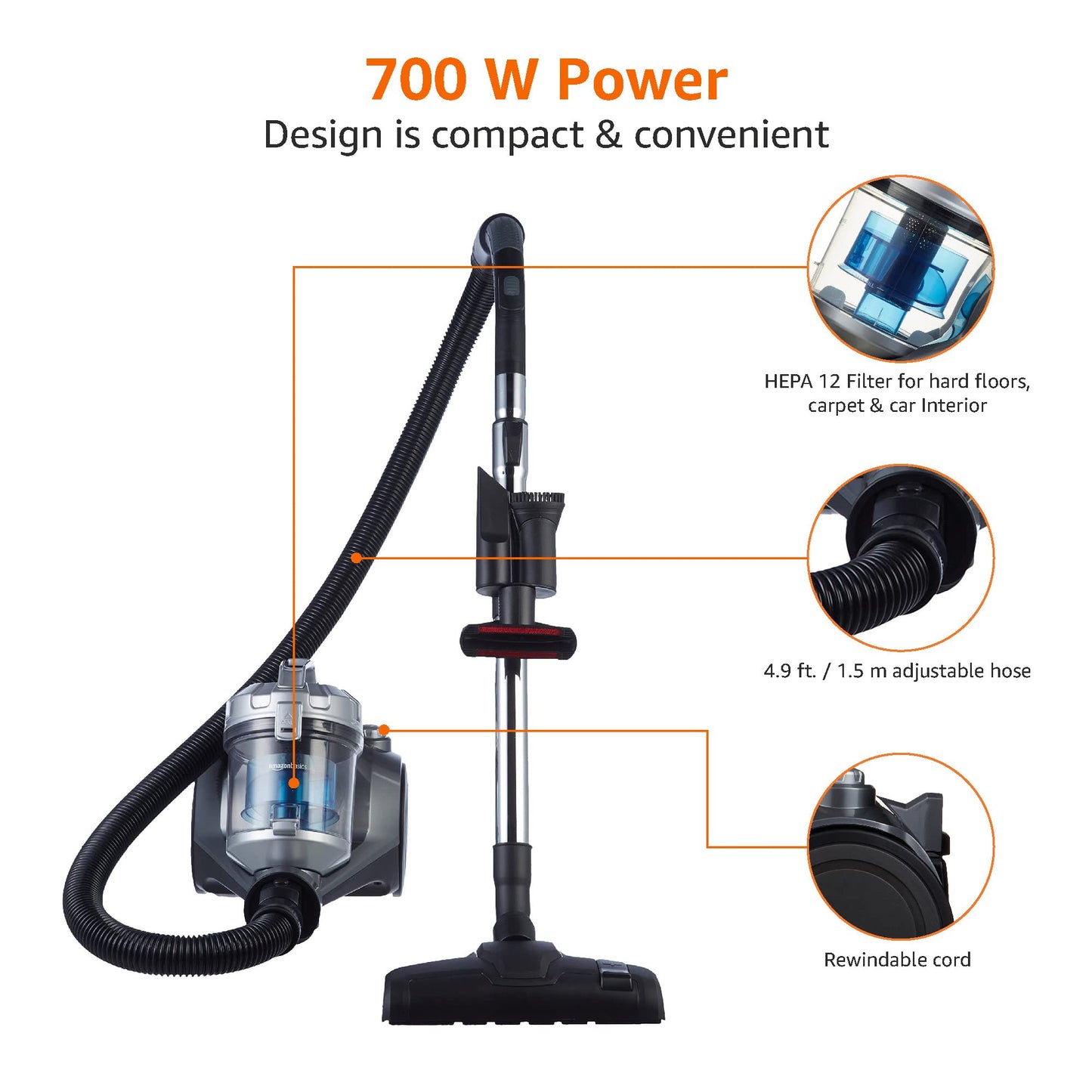 Compact Bagless Cylinder Vacuum Cleaner with HEPA Filter – 700W, 1.5L, Lightweight & Quiet, Black