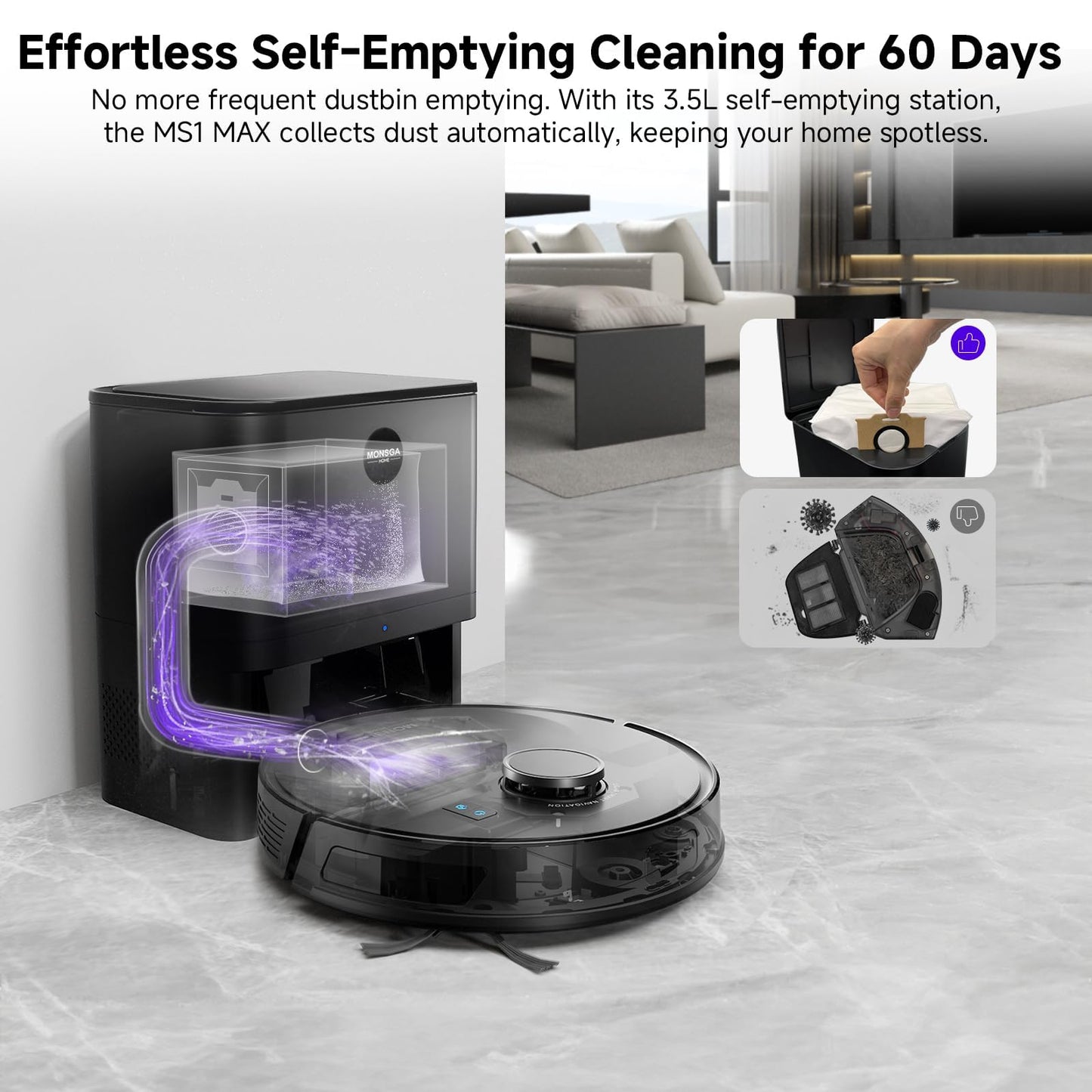 MONSGA Robot Vacuum Cleaner with Mop – 5000Pa Suction, LiDAR Navigation & Self-Emptying