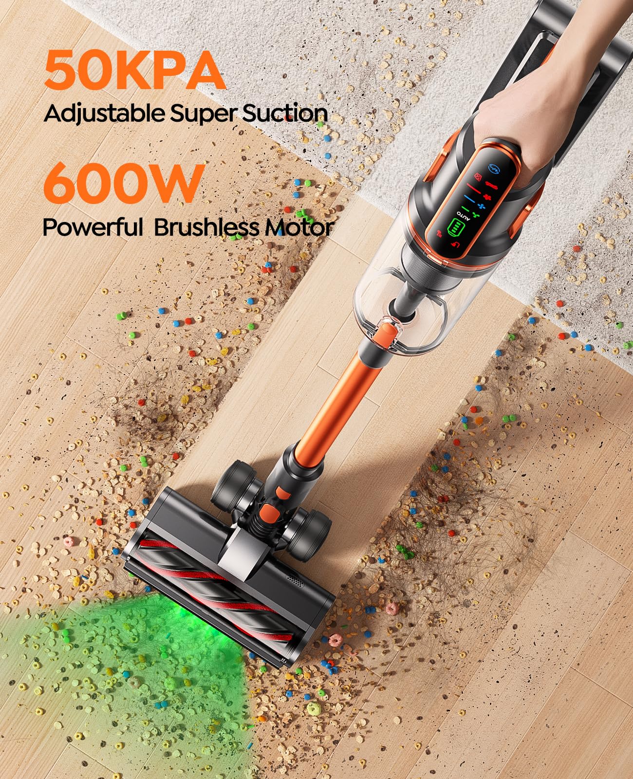 Fieety V9 Cordless Stick Vacuum Cleaner – 50KPA, 600W, 65-Min Runtime, Touchscreen, Anti-Tangle
