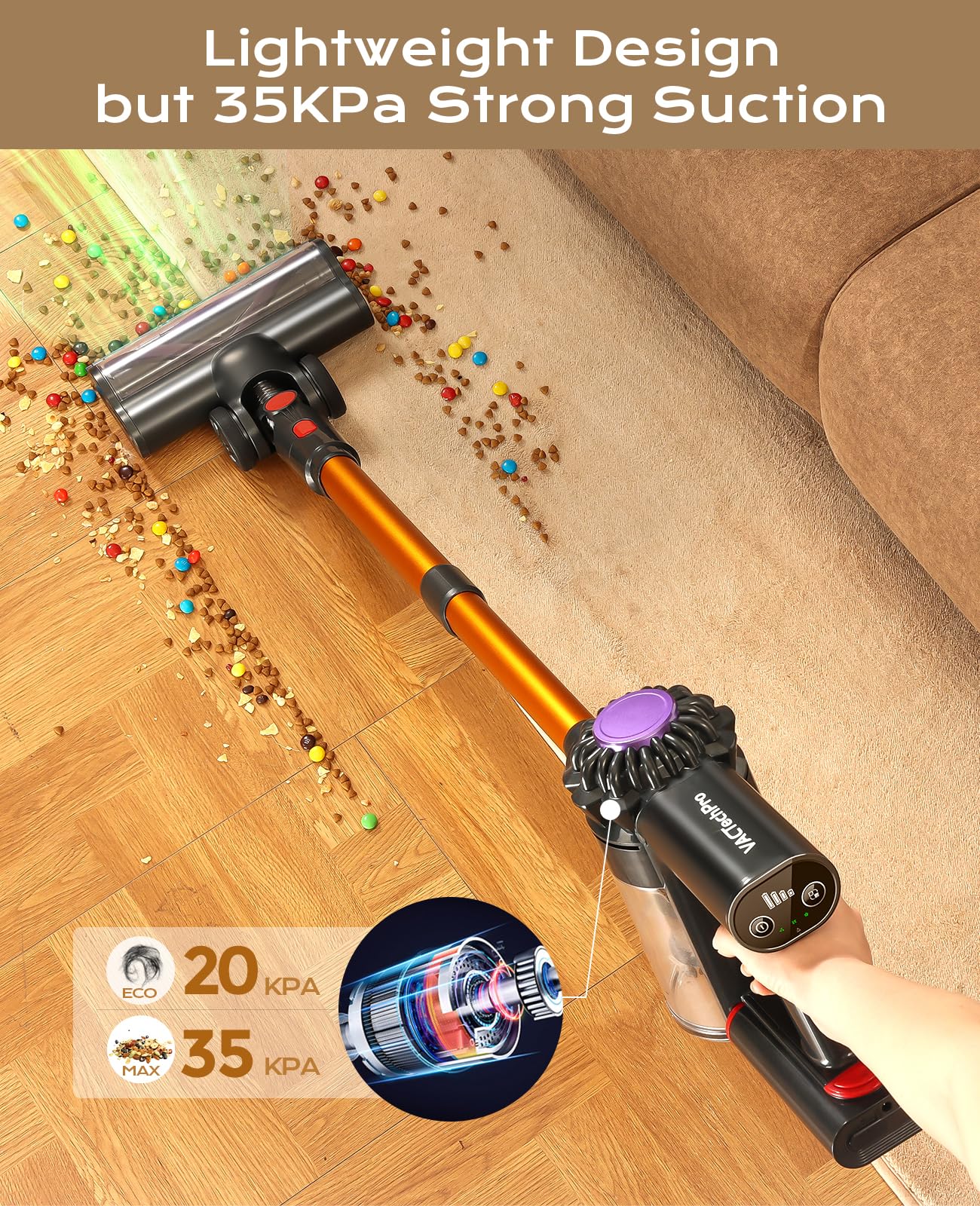 VACTechPro V15 Cordless Stick Vacuum Cleaner – 6-in-1, 35KPA Suction, Gold